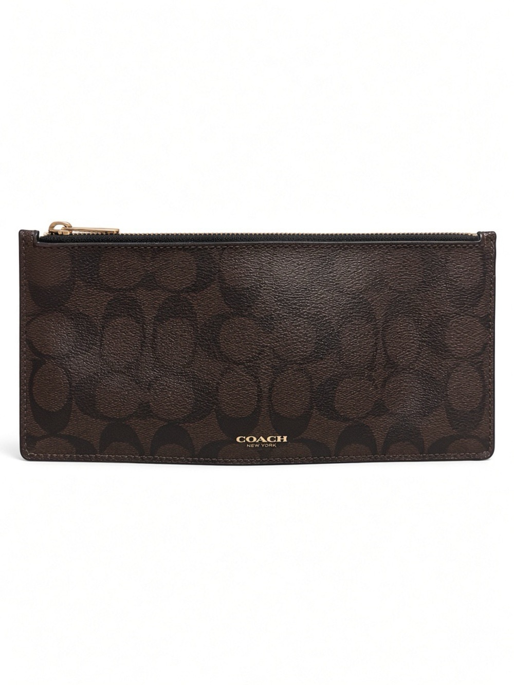 Coach Signature C Brown Black Coated Canvas Slim Zip Pouch Wallet
